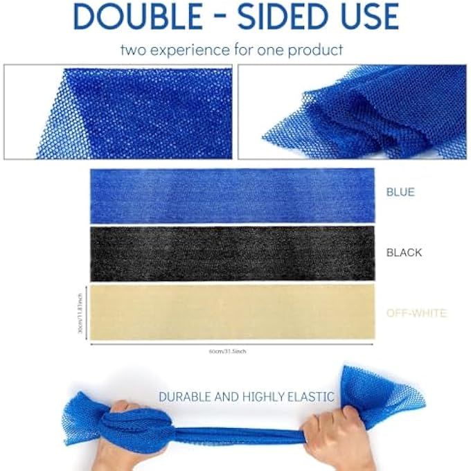 SWIUKPHE 3 PCS Multicolor Long Net Bath Sponge, Exfoliating Back and Body Scrubber, Skin Smoothing Shower Tool for Daily Use (Blue/Black/Off-White) - Image 4